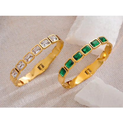 Green & White CZ Cuff Bracelet – 18K Gold Plated Waterproof Stainless Steel Jewellery