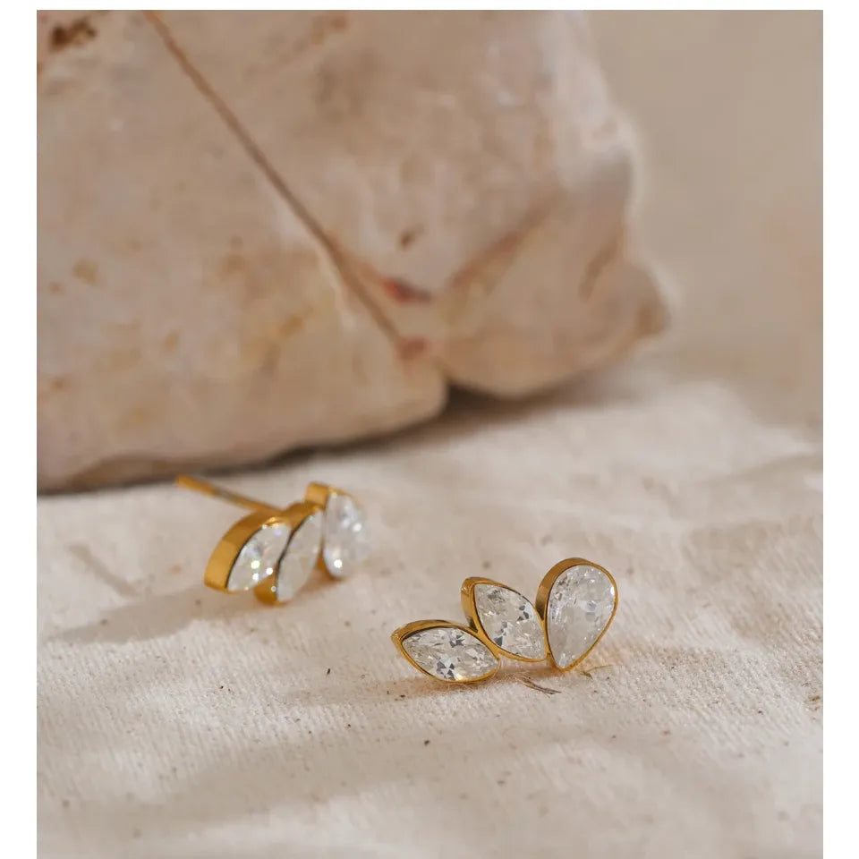 Waterproof Shiny Cubic Zirconia Exquisite Wing Small Stud Earrings - 18K Gold Plated Stainless Steel Chic Jewelry