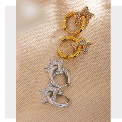 Star Drop Stainless Steel Cubic Zirconia Hoop Earrings for Women 18K PVD Plated Texture Jewelry