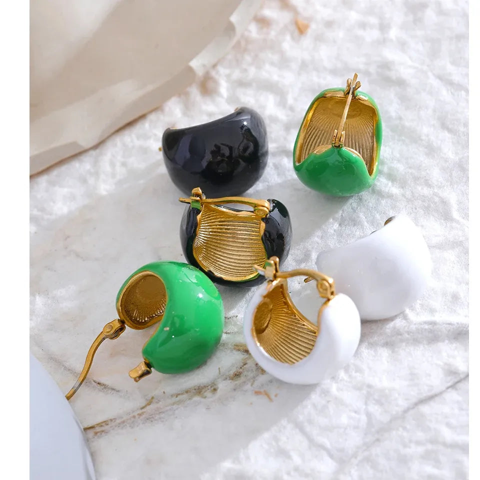 Black White Green Enamel Geometric Waterproof Stainless Steel - Chunky Round Hoop Earrings Women Stylish Jewelry