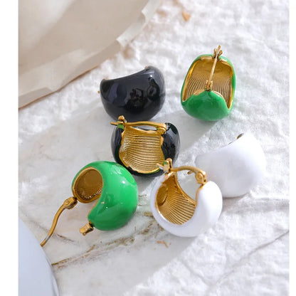 Black White Green Enamel Geometric Waterproof Stainless Steel - Chunky Round Hoop Earrings Women Stylish Jewelry