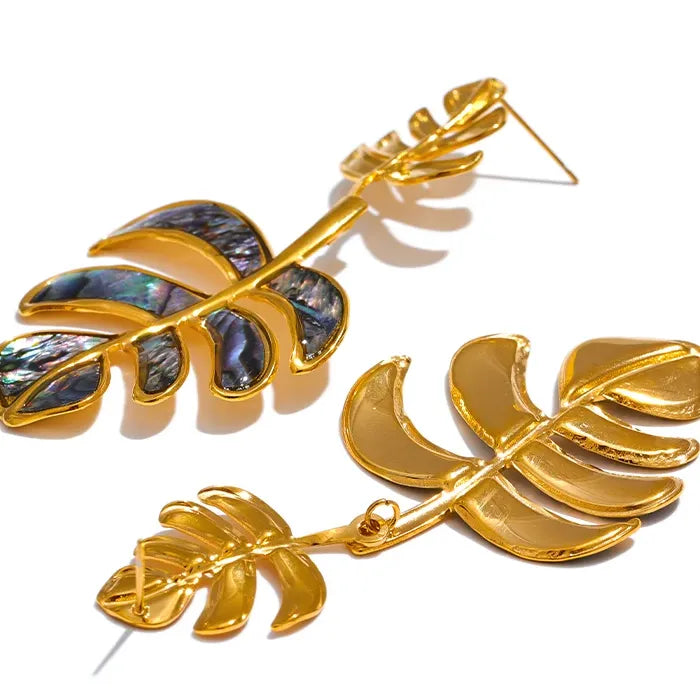 Stainless Steel Big Leaves Drop Dangle Earrings 18k PVD Plated Fashion Summer Jewelry