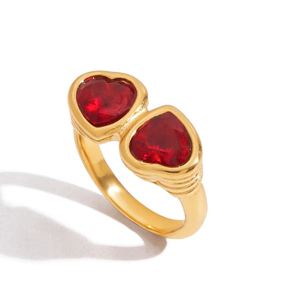 Heart-Shape Red Rhinestone Ring – Waterproof Stainless Steel with 18K Gold Plating