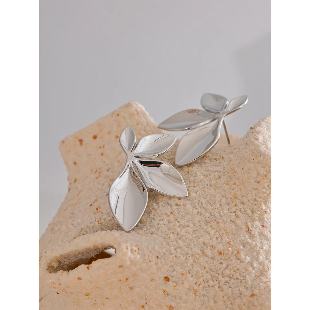 Stainless Steel Flower Leaves Stud Earrings - Hypoallergenic Waterproof Charm Texture High Quality Jewelry