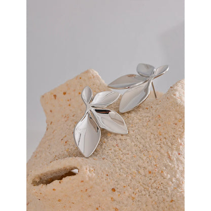 Stainless Steel Flower Leaves Stud Earrings - Hypoallergenic Waterproof Charm Texture High Quality Jewelry