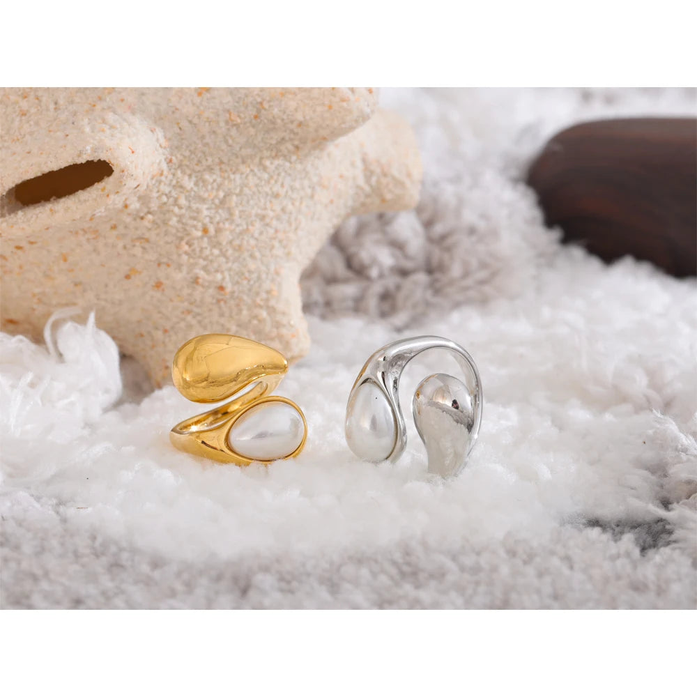 Luxe Jewels Pearl Adjustable Ring for Women - Stainless Steel Gold Jewelry