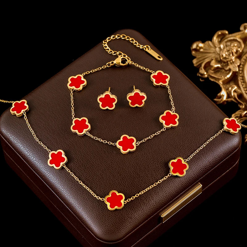 Five-Leaf Clover Jewelry Set – Pink Flower Stainless Steel Trio