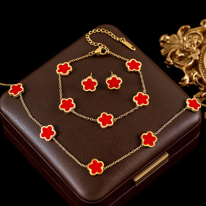 Five-Leaf Clover Jewelry Set – Pink Flower Stainless Steel Trio