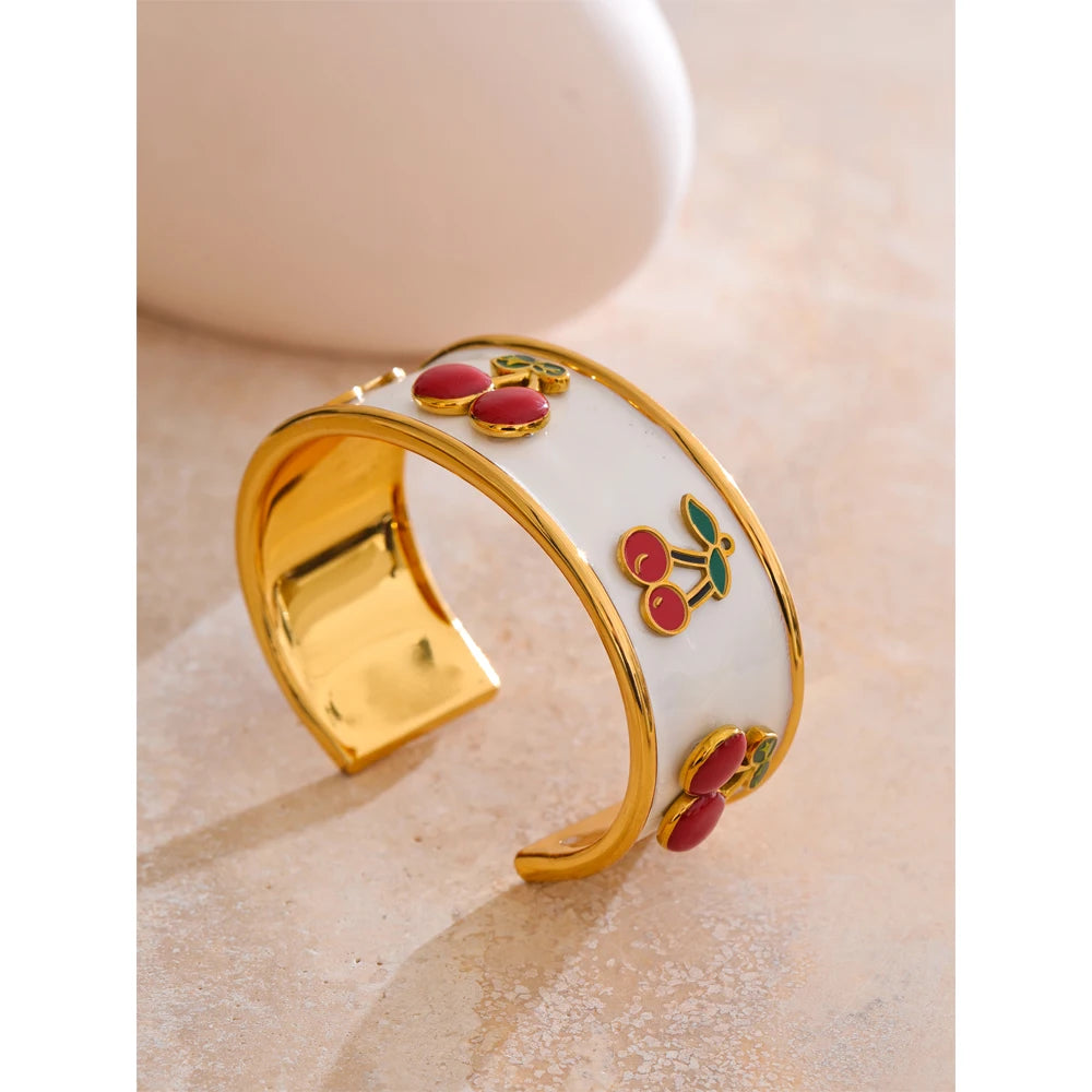 18K Gold Plated 64mm Stainless Steel White Enamel Cherry Cuff Bracelet - Jewelry Gift Ideas