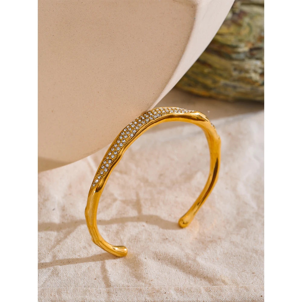 62mm CZ Open Cuff Bracelet – 18K Real Gold Plated Stainless Steel Waterproof Bracaelet