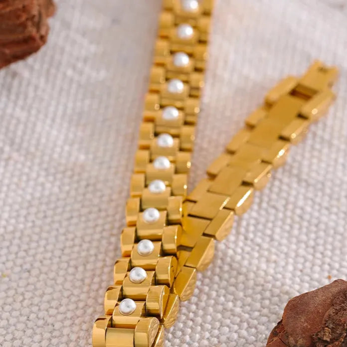 18cm Pearl / Cuban Zirconia Bracelet – 18K Gold Plated Stainless Steel Waterproof Jewellery