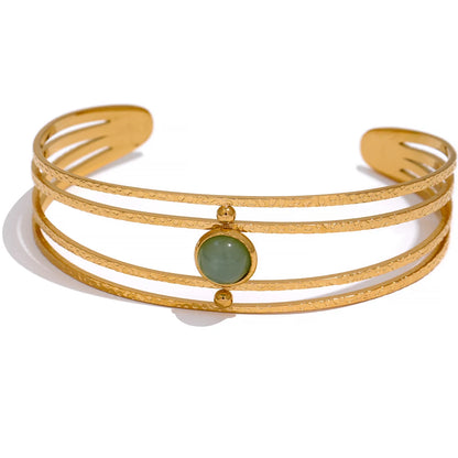 Boho Green Stone Open Bangle – Gold Plated Stainless Steel & Waterproof