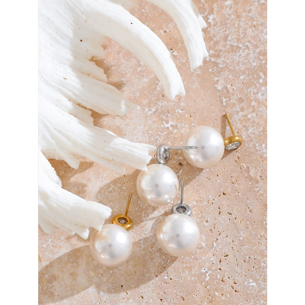 Korean Style Imitation Pearls Zircon Round Classic Daily Stud Earrings Women Stainless Steel - Charm Fashion Jewelry