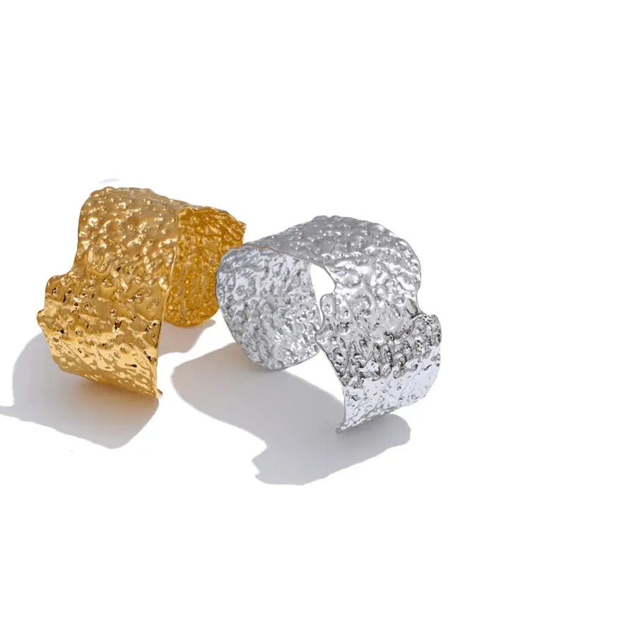 Hammered Wide Open Cuff – 18K Gold Stainless Steel Bracelet