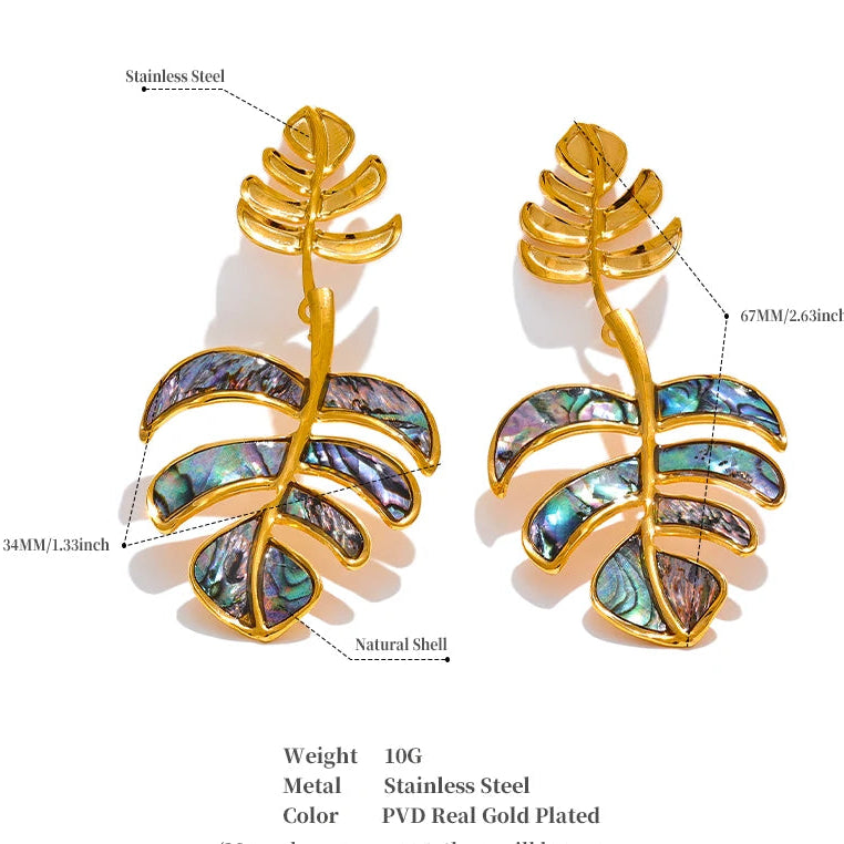 Stainless Steel Big Leaves Drop Dangle Earrings 18k PVD Plated Fashion Summer Jewelry