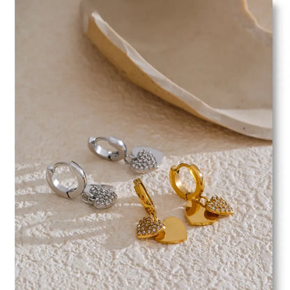 18K Gold Plated Stainless Steel Double Heart Cubic Zircon Drop Hoop Earrings for Women Hypoallergenic High Quality Jewelry