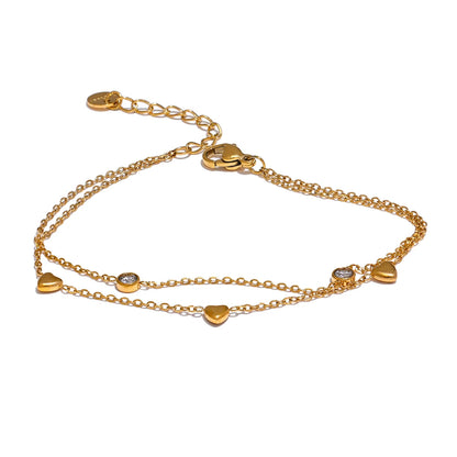 Heart Zircon Double Layer Bracelet – Gold Plated Stainless Steel