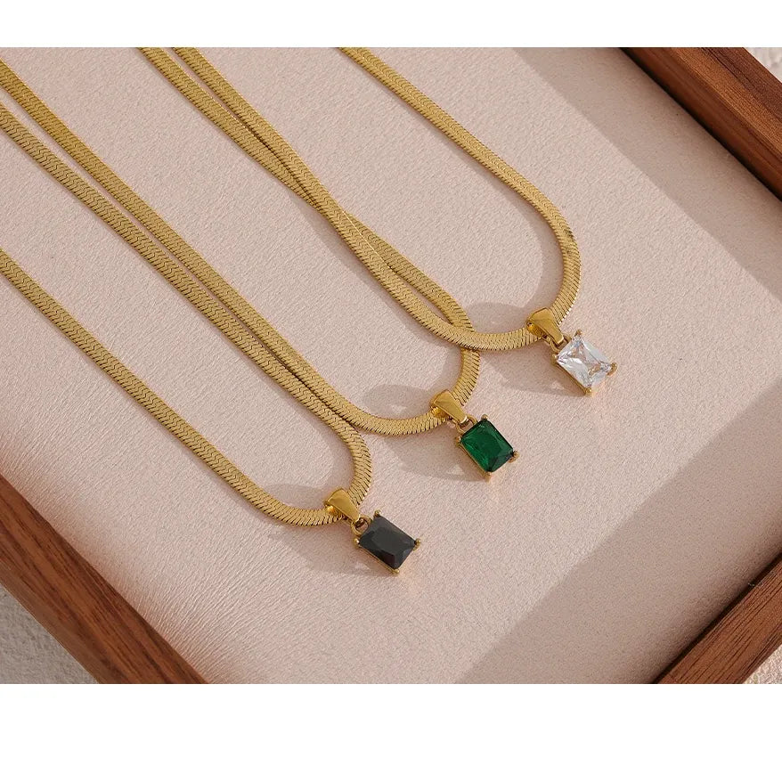 Geometric Square CZ Drop Snake Necklace – Waterproof Gold-Plated