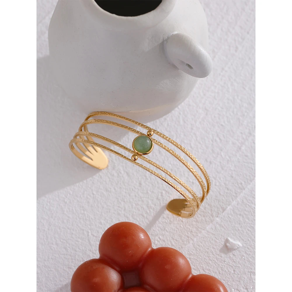 Boho Green Stone Open Bangle – Gold Plated Stainless Steel & Waterproof