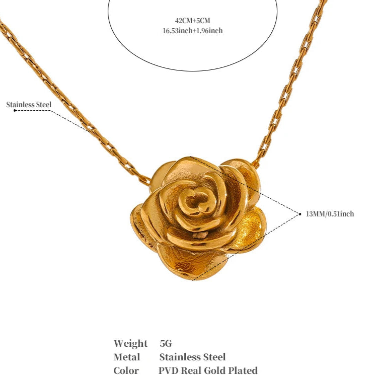 Rose Flower Pendant Necklace – Gold Stainless Steel