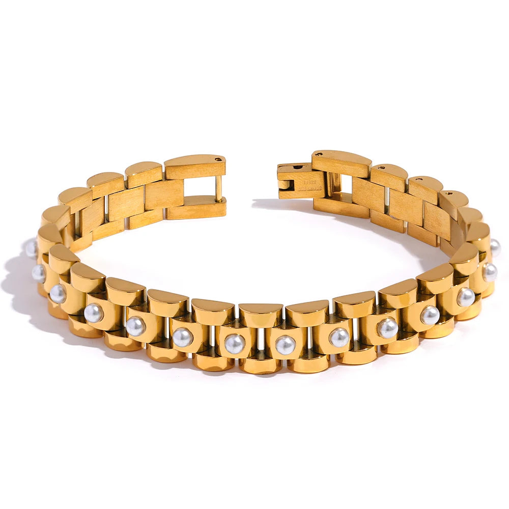 18cm Pearl / Cuban Zirconia Bracelet – 18K Gold Plated Stainless Steel Waterproof Jewellery