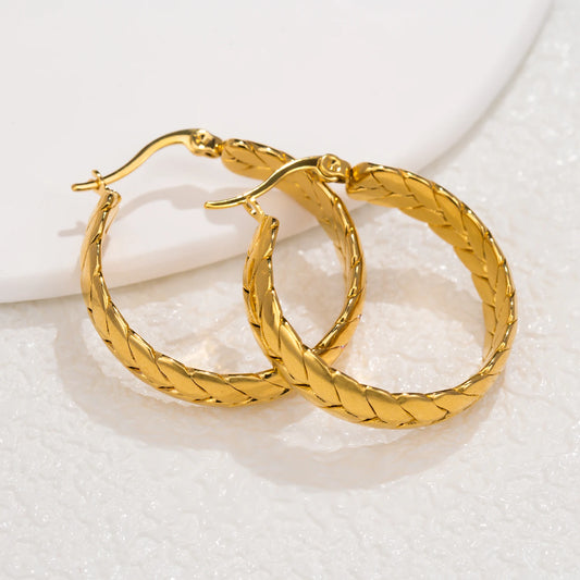 Wheat Pattern Hoop Earrings for Women Classic Round Stainless Steel Earrings 30mm