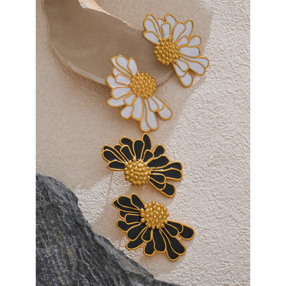 Floral Big White Black Enamel - Fashion Stud Earrings 18K Gold Color PVD Plated Stainless Steel Jewelry