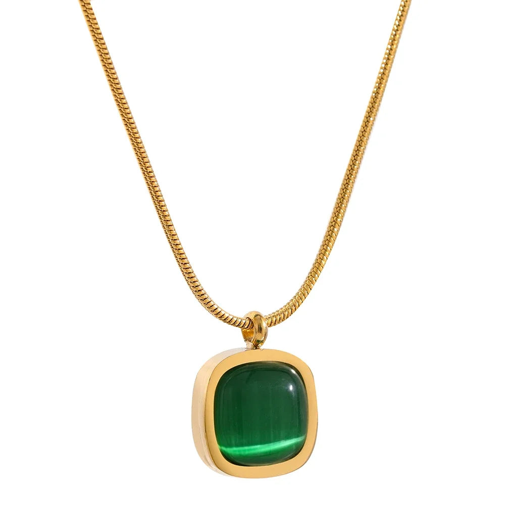 Boho Green Opal Square Pendant Necklace – Gold Plated Jewelry