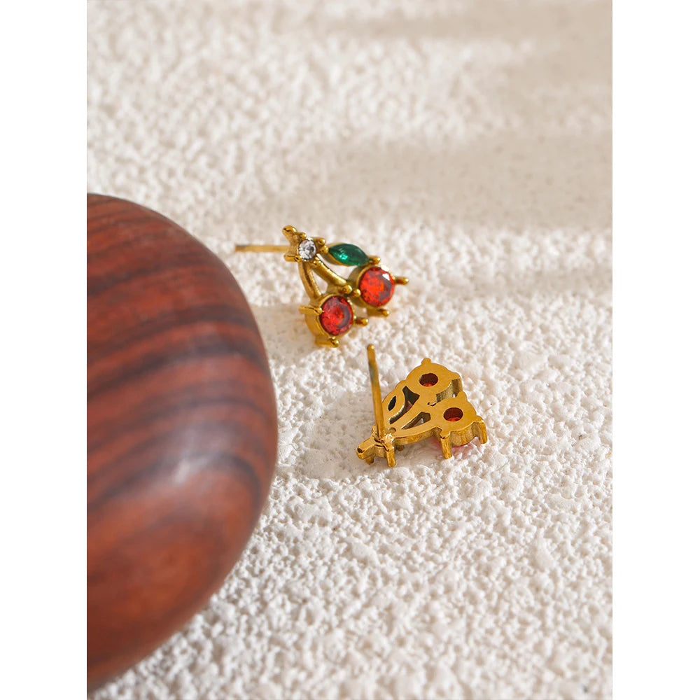 Red Cubic Zirconia Cherry Fruit Stud Earrings for Women Stainless Steel Waterproof Jewelry