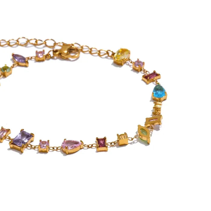 Colorful Zirconia Charm Bracelet – Gold Plated Stainless Steel, Waterproof