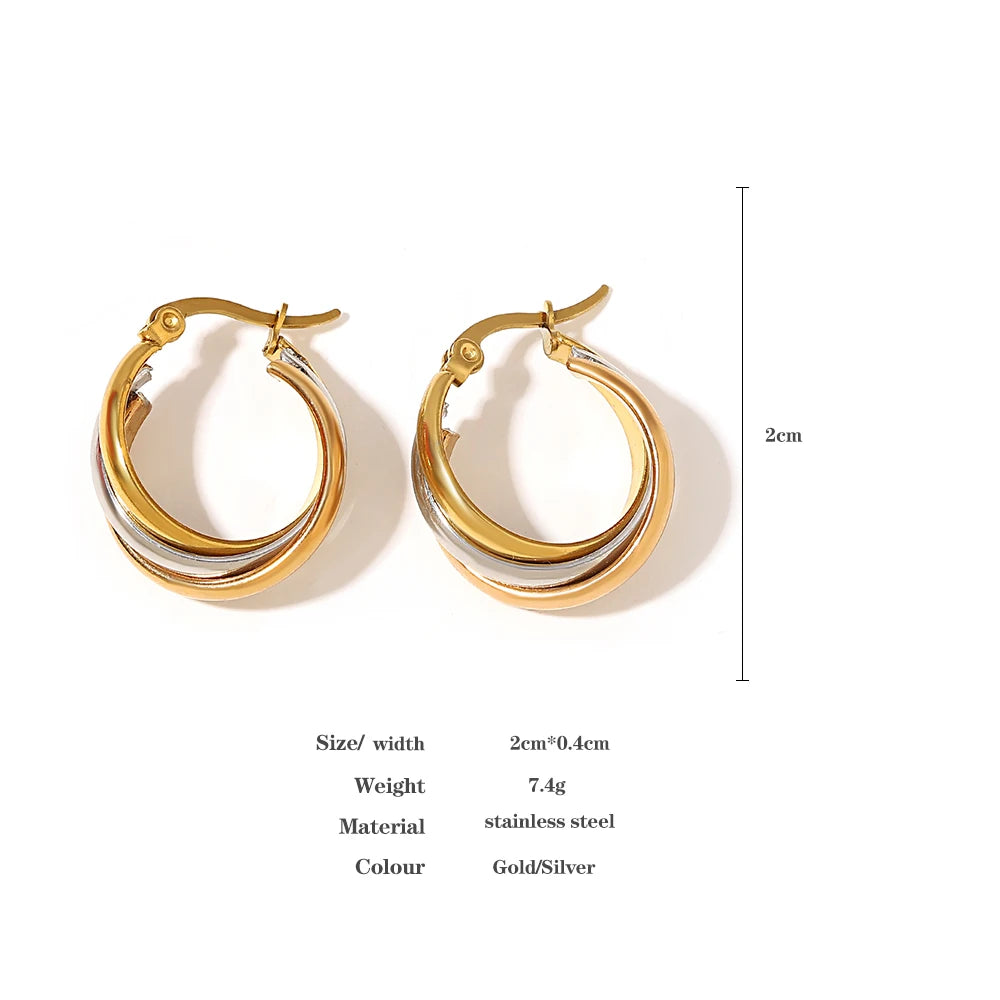 Greatera Trendy Stainless Steel Twisted Tricolor Hoop Earrings for Women Layered Round Circle Metal Earrings Waterproof Jewelry