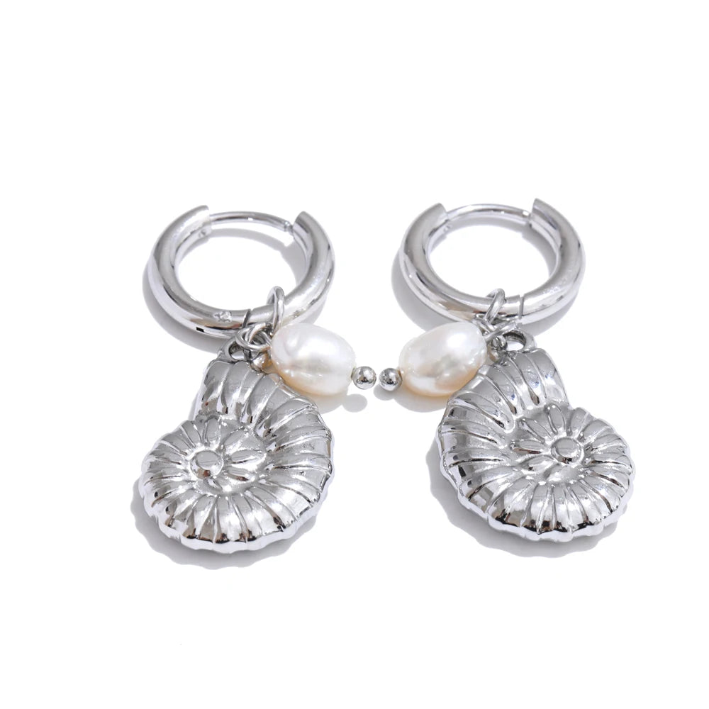 Ocean Theme Natural Pearl Conch Shell Starfish Drop Summer Hoop Earrings for Women Stainless Steel Holiday Daily Jewelry