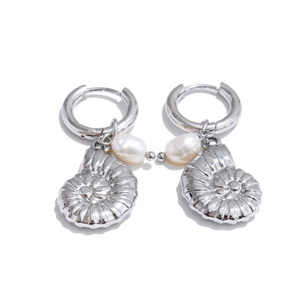 Ocean Theme Natural Pearl Conch Shell Starfish Drop Summer Hoop Earrings for Women Stainless Steel Holiday Daily Jewelry