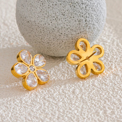Cubic Zirconia Flower Golden Stud Earrings for Women - 316L Stainless Steel Waterproof Jewellery