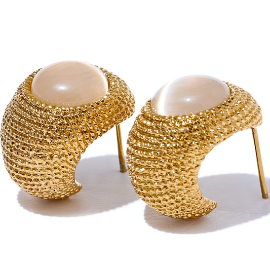 Vintage Green Blue White Cat Eye Stone Stainless Steel C Shape Geometric Fashion Earrings Gold Color Fashion Jewelry