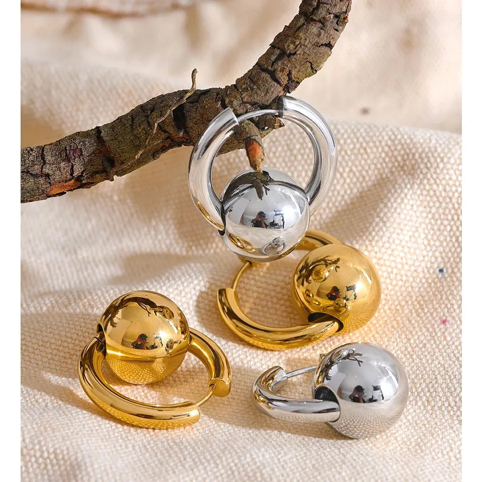 316L Stainless Steel Metal Round Ball Hoop Earrings Waterproof 18K Gold PVD Plated Charm Jewelry