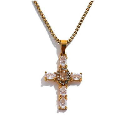 Colorful Cubic Zirconia Cross Pendant Necklace – Gold Stainless Steel