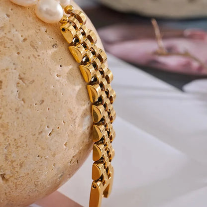 Luxury Pearl Cuban Bracelet – 18K Gold Plated 316L Stainless Steel Waterproof