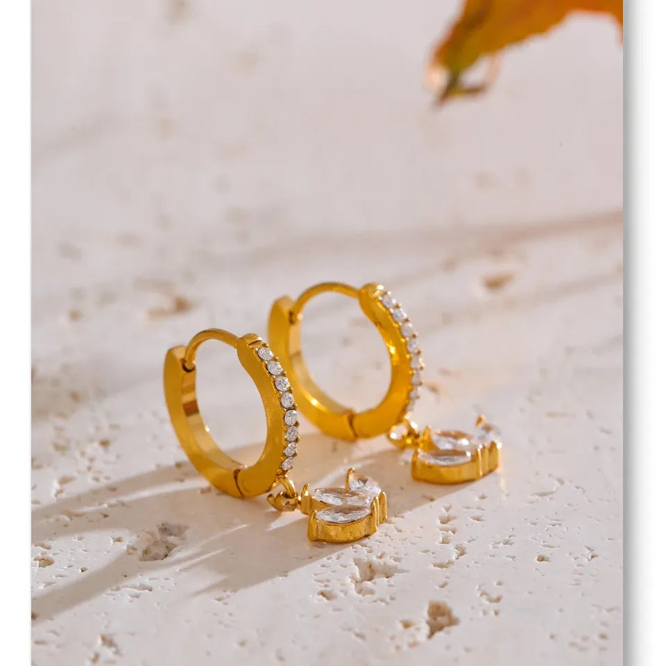 Waterproof Cubic Zirconia Flower Drop Hoop Earrings Hypoallergenic Stainless Steel Gold Color Daily Wear Fashion Jewelry