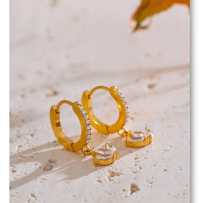 Waterproof Cubic Zirconia Flower Drop Hoop Earrings Hypoallergenic Stainless Steel Gold Color Daily Wear Fashion Jewelry