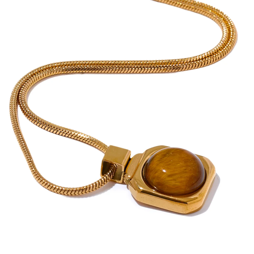 Natural Tiger Eye Gemstone Necklace – Square Pendant in Gold