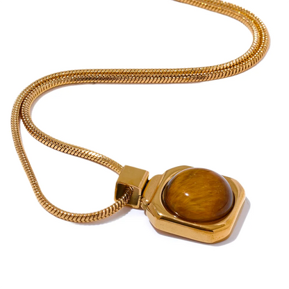 Natural Tiger Eye Gemstone Necklace – Square Pendant in Gold