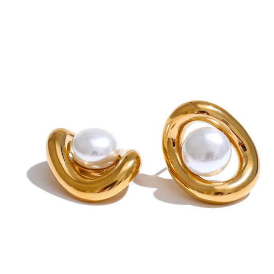 Gold Plated Tarnish-Free Hollow Oval Pearl Stud Earrings – Elegant Jewelry