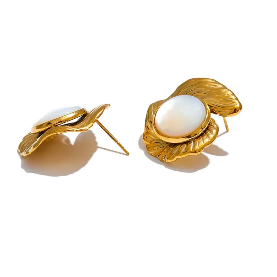 Chic Gold Plated Stud Earrings – Waterproof Natural Shell Design