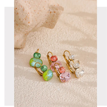 Crystal Stud Earrings French Hoops Trendy White Green Pink Jewelry for Women 18k PVD Plated