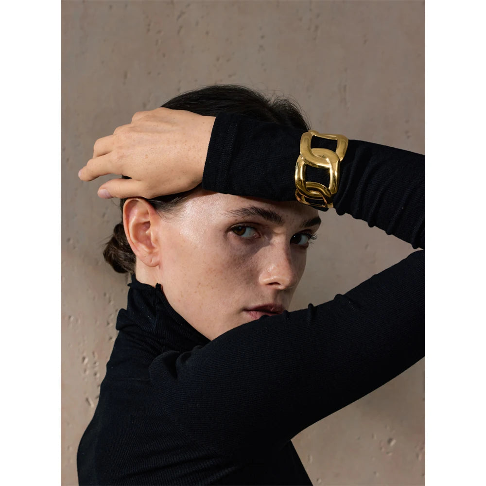 Wide Hollow Stainless Steel Cuff Bracelet – 18K Real Gold Plated Waterproof