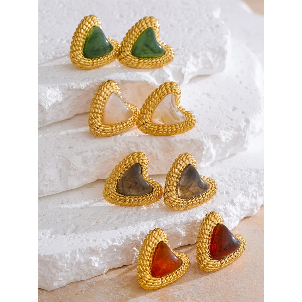 Stainless Steel Resin Heart Love Golden Stud Earrings Daily Wear Trendy Jewelry