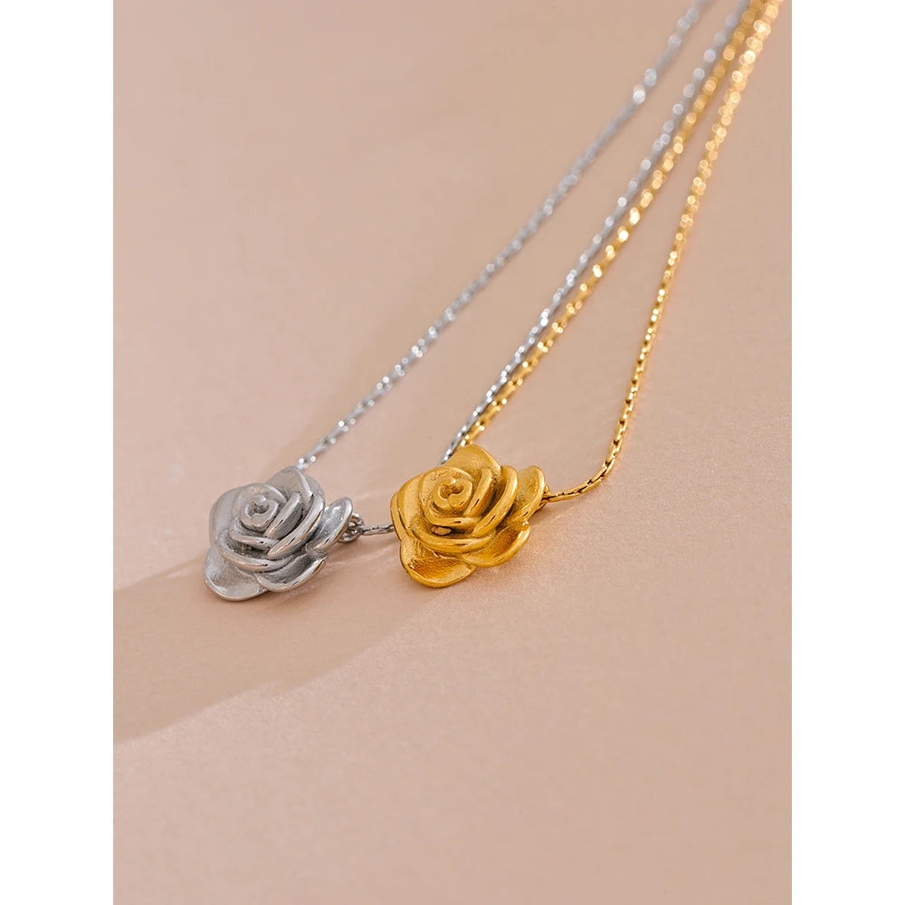 Rose Flower Pendant Necklace – Gold Stainless Steel