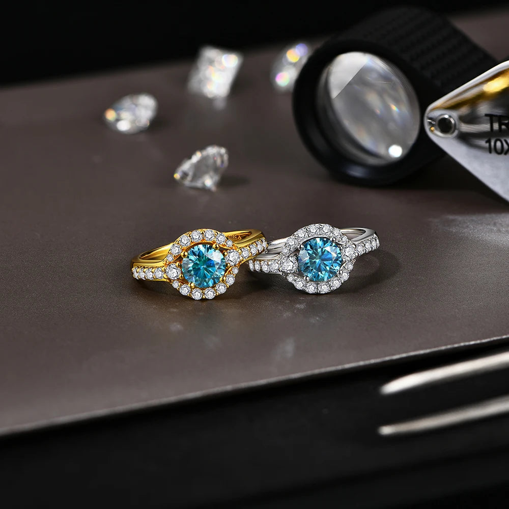 Luxe Jewels 1.0CT Round Cut Blue Moissanite Rings for Women Angel Eye S925 Silver