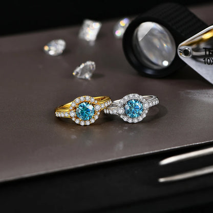 Luxe Jewels 1.0CT Round Cut Blue Moissanite Rings for Women Angel Eye S925 Silver